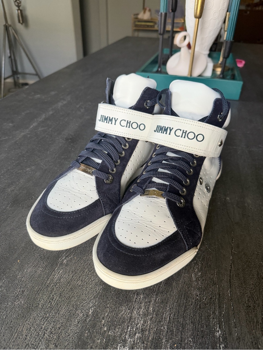 Jimmy Choo Navy and White High-Top Sneakers with Strap
